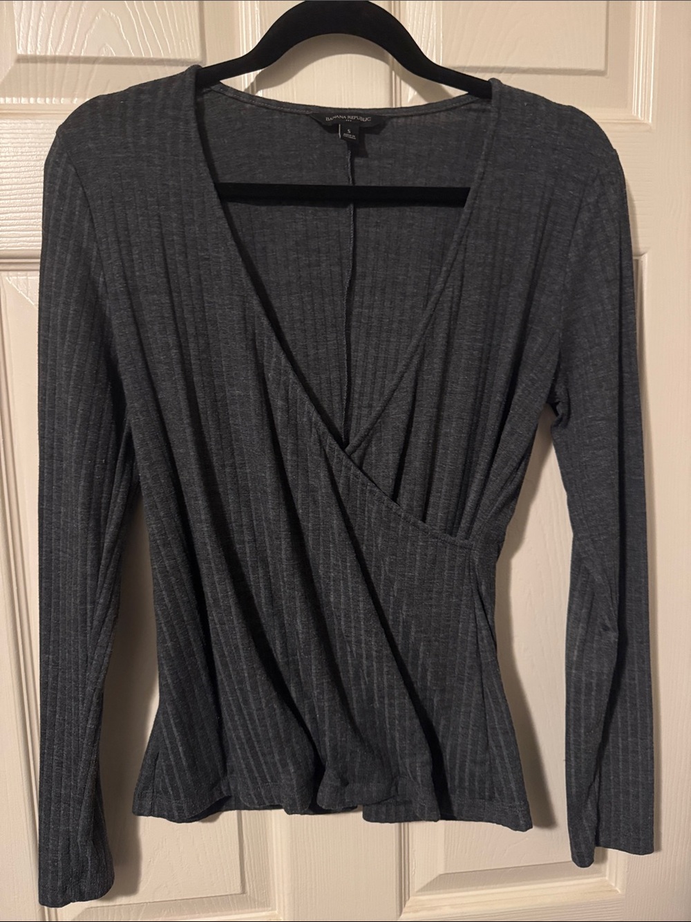 Banana Republic Charcoal Gray Ribbed Wrap Long-Sleeve Top